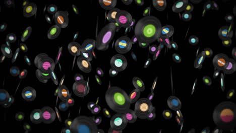 flying many vinyl records on black background. old technology. retro design. 3d animation of music record rotating. loop animation.