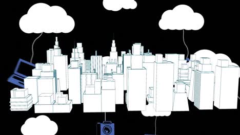 animación de nubes digitales e iconos sobre dibujo de paisaje urbano en 3d sobre fondo negro