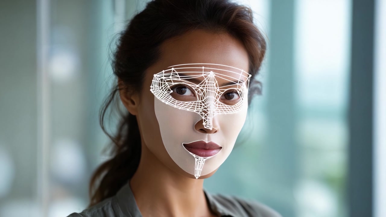 Una transformación impactante que muestra la fusión de tecnología y belleza a través de superposiciones faciales digitales, capturando una estética vanguardista en un entorno moderno