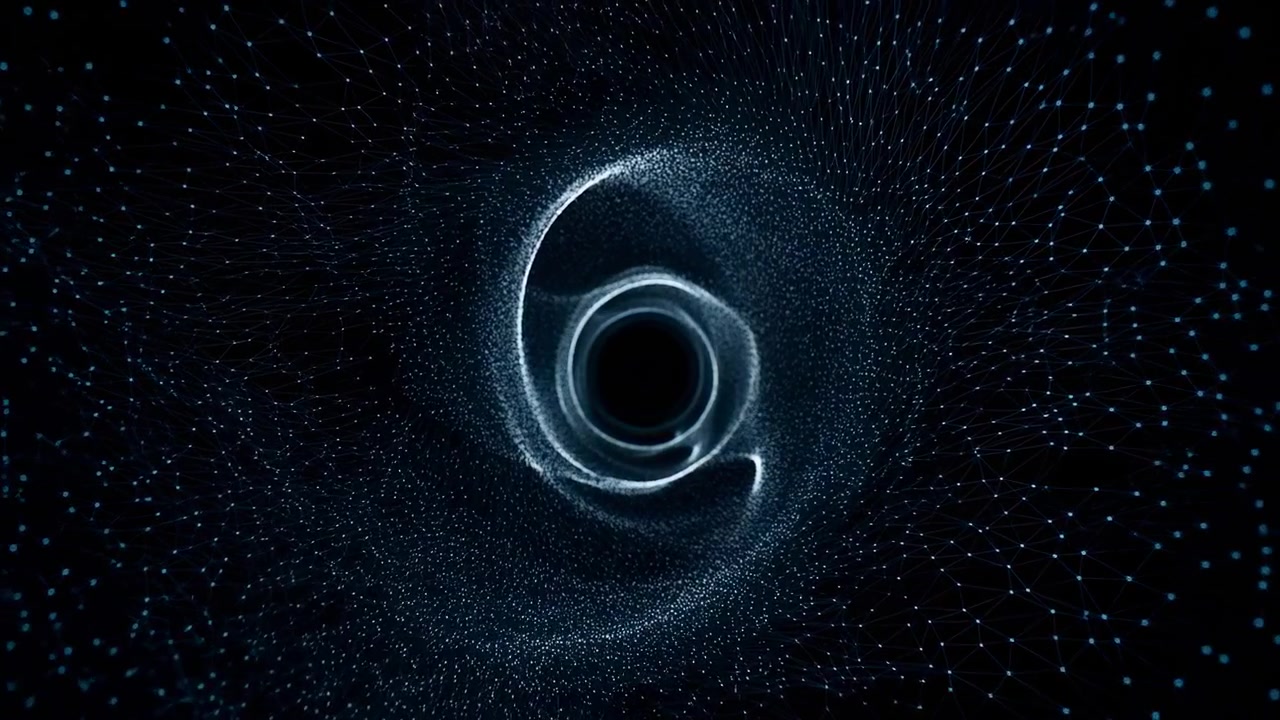 Frontal view into dark central aperture surrounded by concentric luminous particle rings, tight spiral arcs, and converging mesh structure, creating strong depth, glow, motion cues, and futuristic