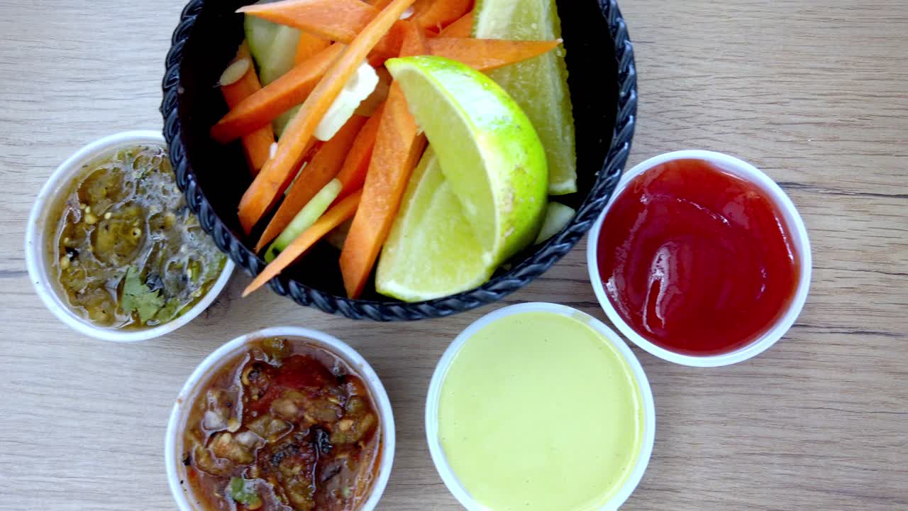 Close-up of a bowl with pickled vegetables and sauces served in a Mexican restaurant