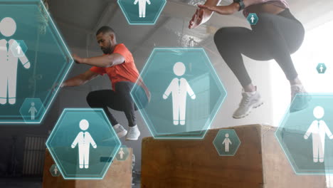 animación de personas iconos flotando sobre hombres y mujeres diversos saltando en cajas entrenamiento cruzado en el gimnasio