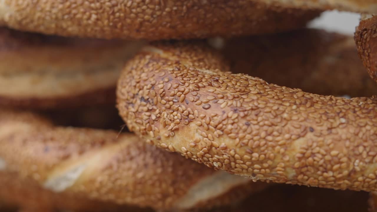 Close-up of Stacked Turkish Simit with Sesame Seeds