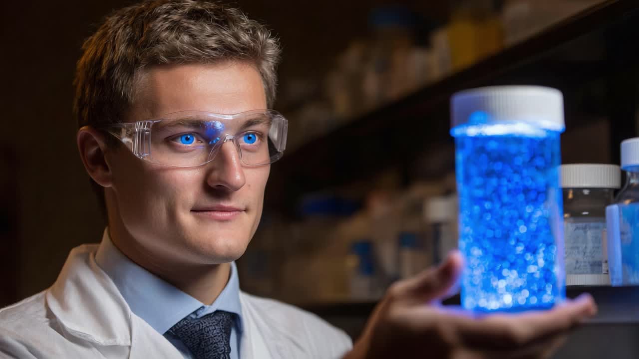 A focused researcher examines a luminous blue substance in a glass container, highlighting the intricate details of scientific exploration and innovation in the laboratory environment