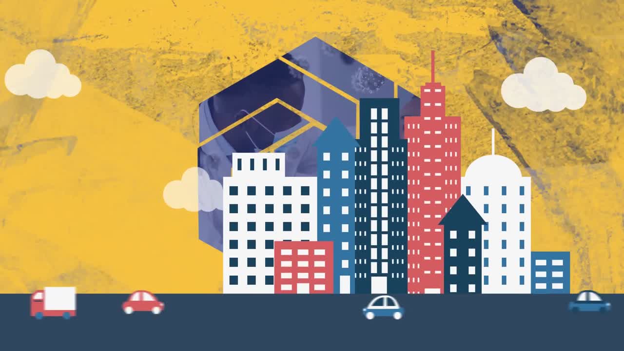 animazione di case sopra medico afroamericano in maschera di controllo ragazzo