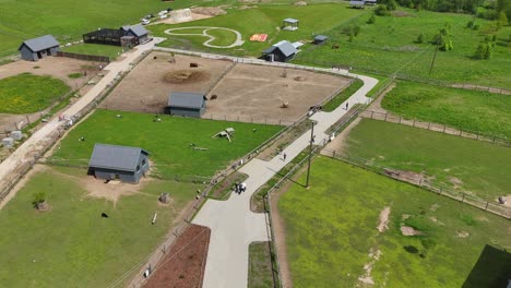 zoo infrastructure: aerial of enclosures, paths, and buildings