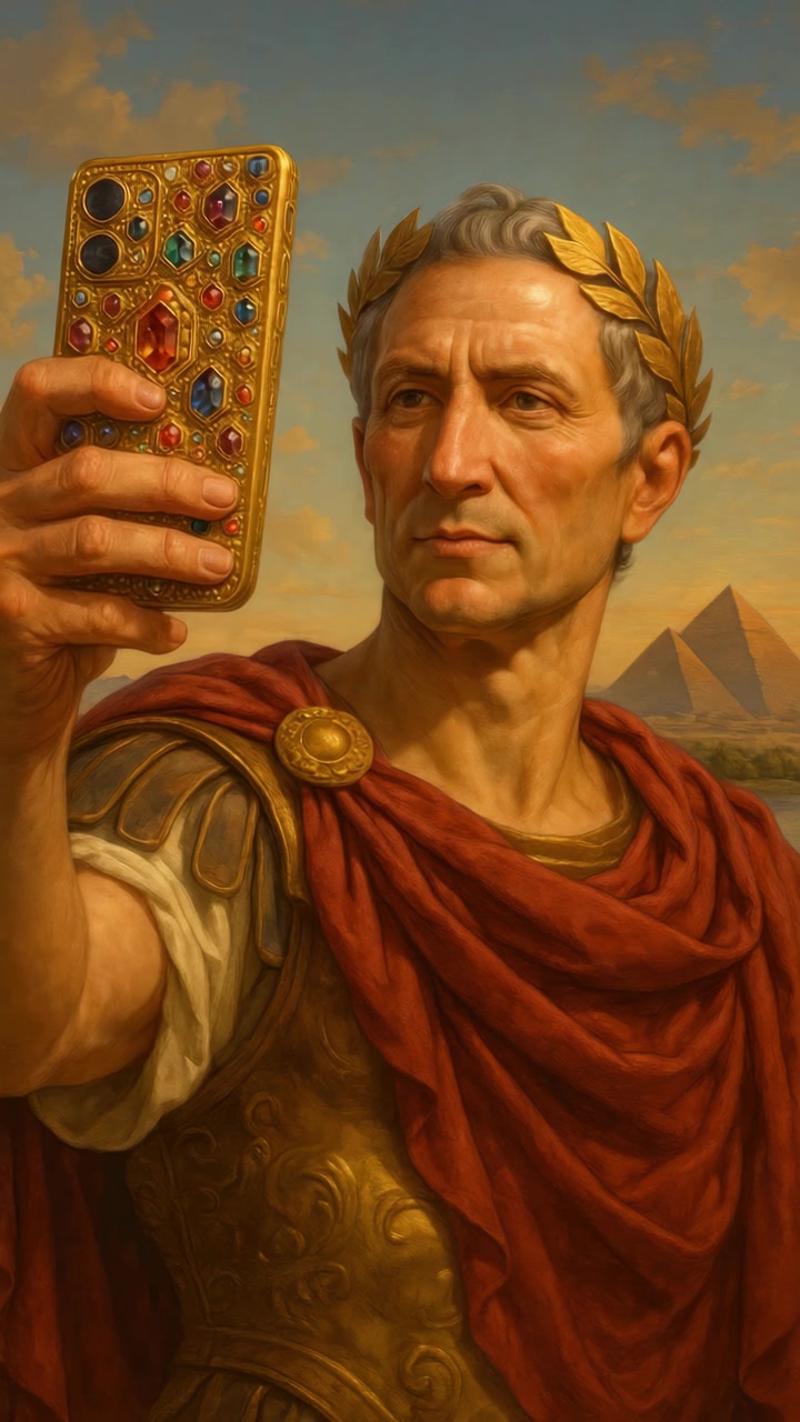 Imperatore Romano che si Fa un Selfie e Interagisce con uno Smartphone Ingioiellato