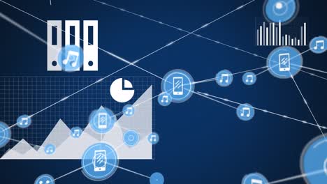 Animation-Eines-Netzwerks-Digitaler-Symbole-Und-Statistischer-Datenverarbeitung-Vor-Blauem-Hintergrund