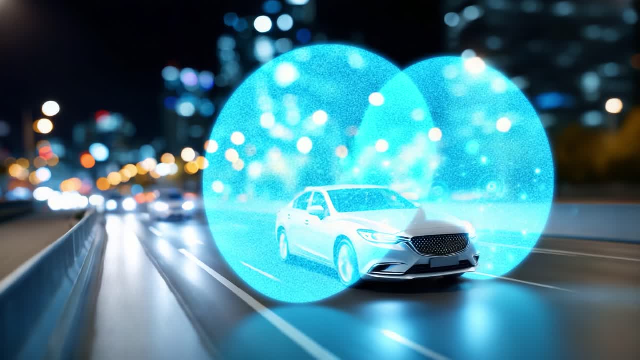 夜の街を走る未来的な車。最先端技術を駆使し、現代の都市環境における安全性とコネクティビティをアピール。