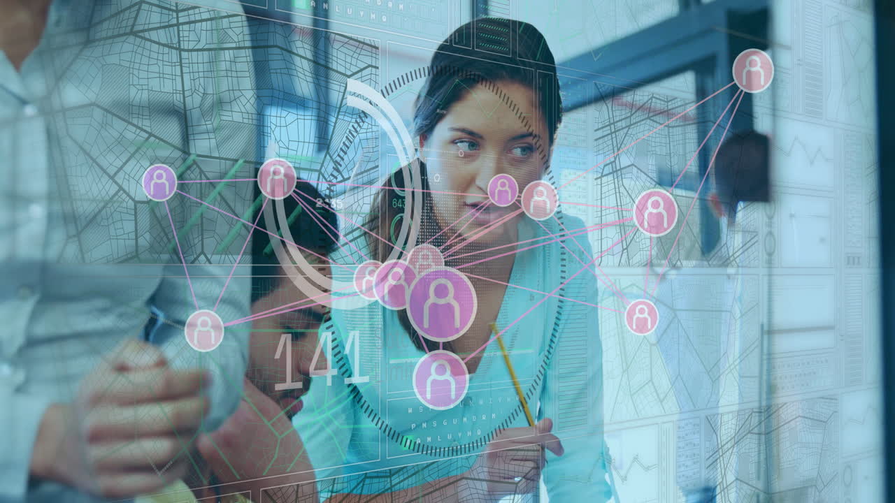 Analyzing digital network connections and data, business professionals in modern office