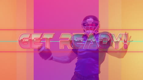 animación de texto listo sobre jugador de fútbol americano y fondo de neón