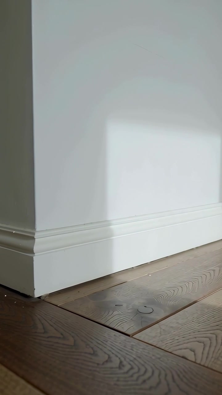 Vertical video: Panning camera revealing growing light patch on wall corner by outlet and baseboard