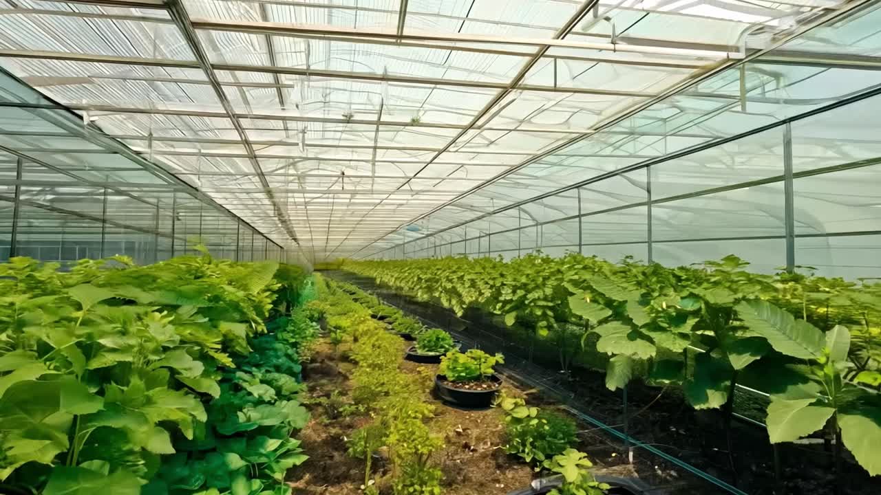 Greenhouse with Rows of Plants