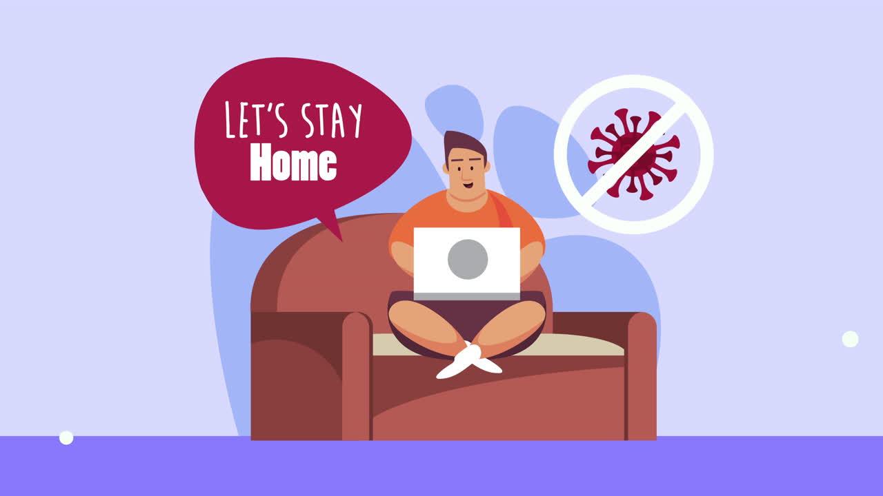 stay at home campaign with man working in laptop seated in sofa