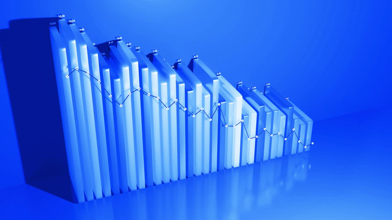 Abstract infographics. Crisis, stagnation and recession concept. Downgrade graph from columns. Economic loop background with copy-space in 4k. Beautiful 3d bars as chart of statistic data in blue.