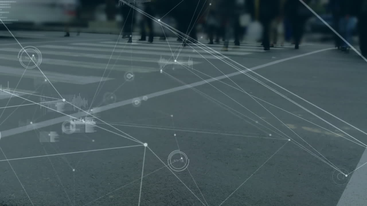 Animation of network of connections with data processing over busy road in city