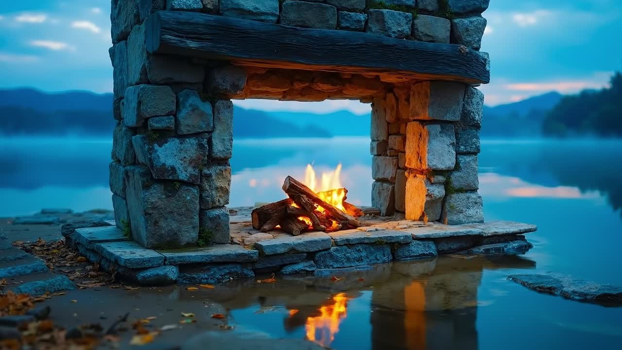 A stone fireplace sitting on top of a lake next to a body of water