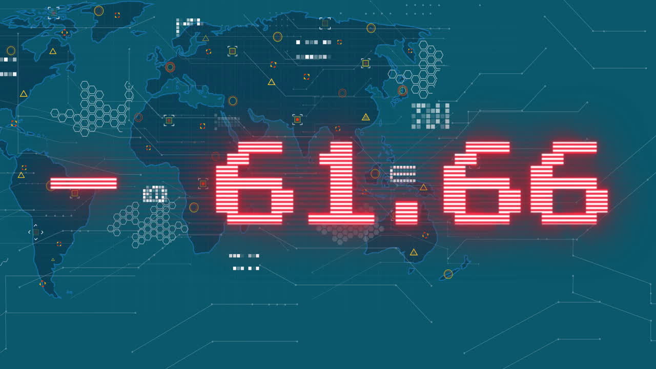 animación de datos numéricos en rojo sobre mapa mundial digital con conexiones de red