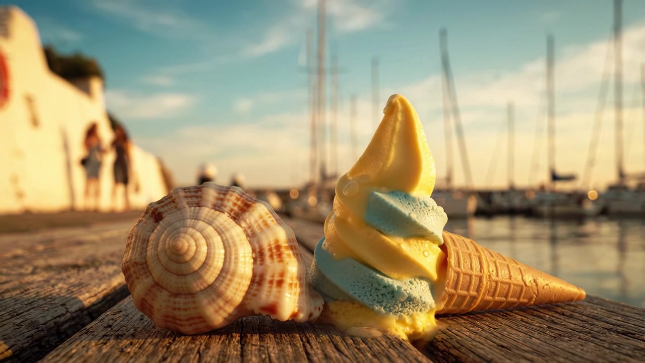 A delightful scene featuring a colorful ice cream cone alongside a beautiful seashell, set against a picturesque waterfront with sailing boats in the background.