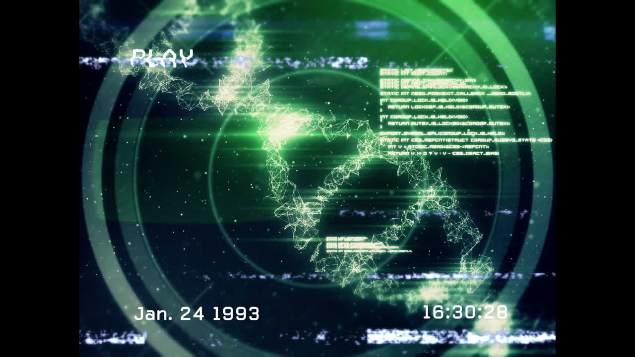 Animation of screen with glitch, diverse data and dna chain on green and black background