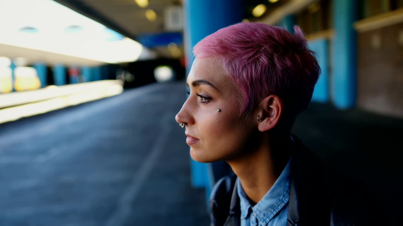 mujer de cabello rosa esperando el tren en la estación de tren 4k