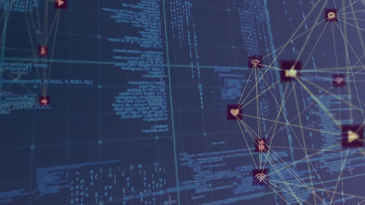 animation der datenverarbeitung und des netzwerks der verbindungen auf schwarzem hintergrund