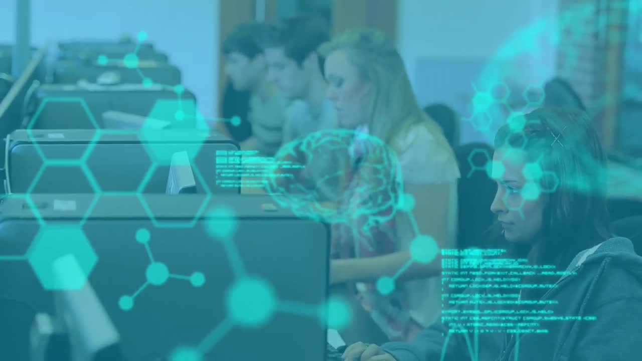 animación del procesamiento de datos científicos sobre los estudiantes que utilizan computadoras