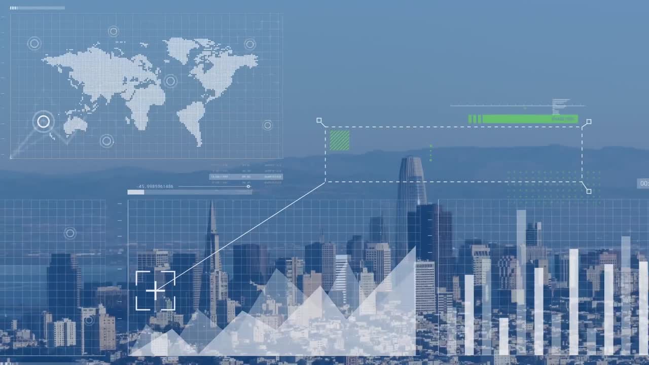 Animation of data processing over 3d cityscape