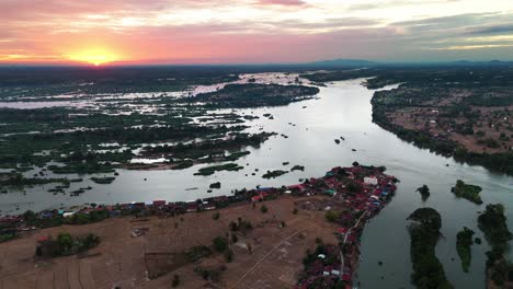 aerial drone at sunset of don det and 4000 island south laos travel destination on mekong river
