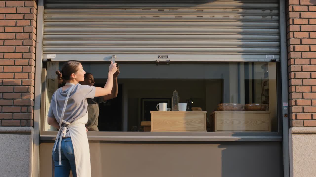 Reaching woman in white apron using key and lifting shutter at storefront to open, copy space