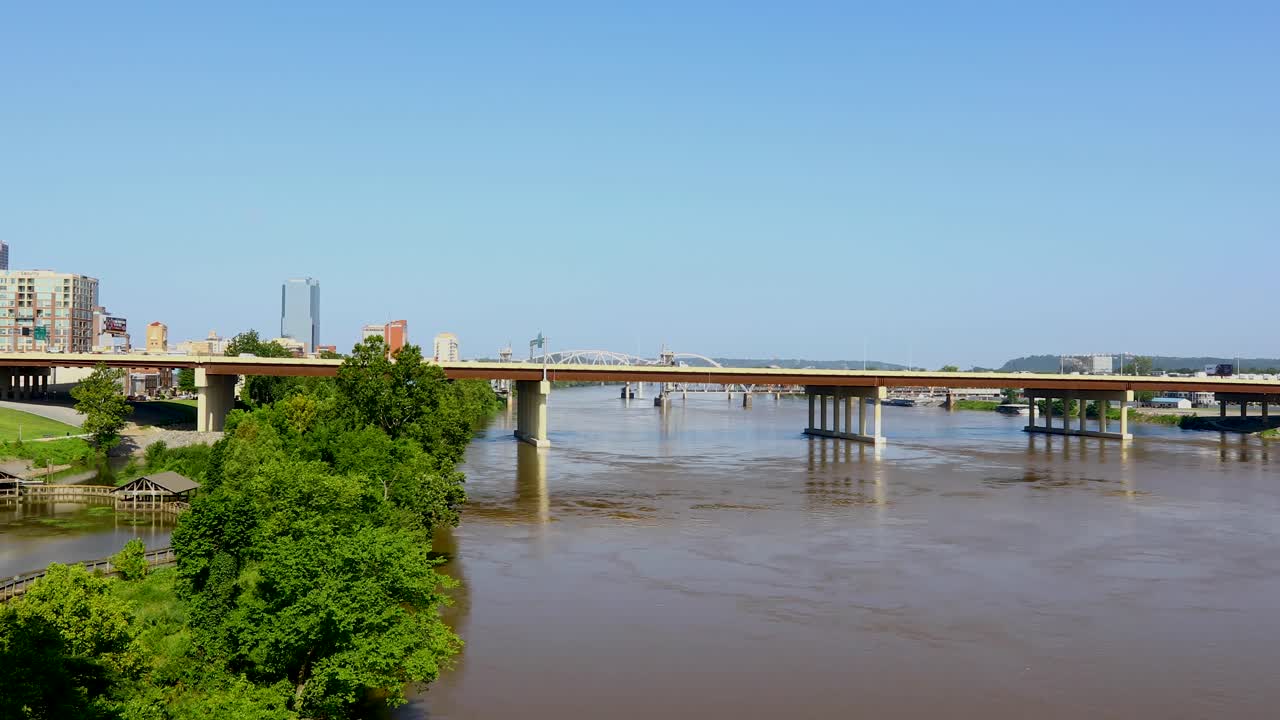 Static video of the Arkansas river in Little Rock, Arkansas. A bridge with traffic can be seen as well as building in the background