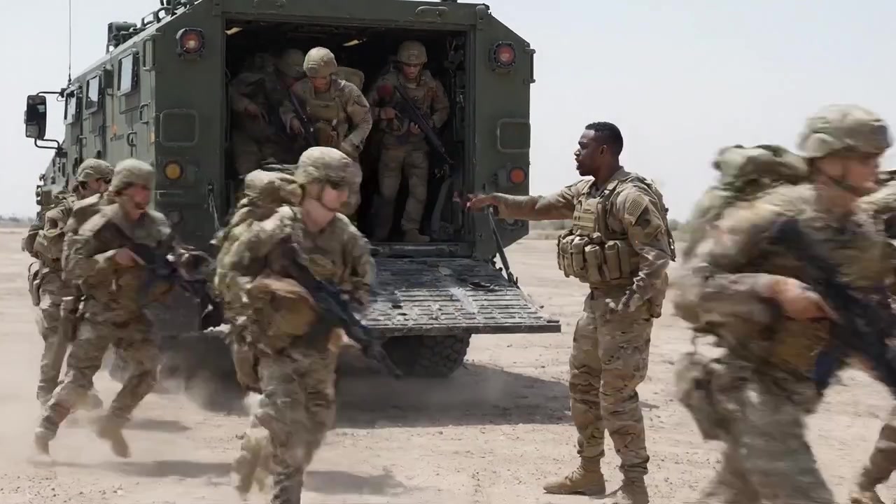Personale militare che sbarca da un veicolo tattico in un ambiente desertico, catturando l'intensità delle procedure di addestramento delle forze armate e degli scenari di dispiegamento d'emergenza.