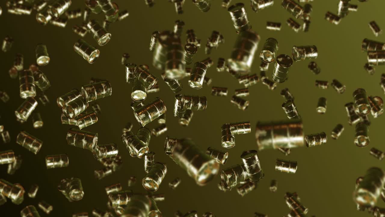volando muchos tambores de combustible viejos en fondo marrón. industria química, barriles de metal. animación 3d del tanque de petróleo girando. animación de bucle.