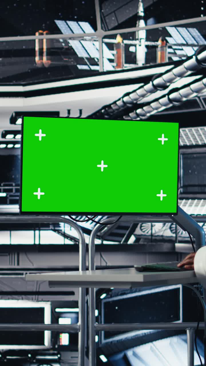 Vertical video Astronauts flying together in starship exploring Mars