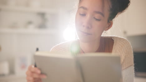 idea, writing in book and woman in home