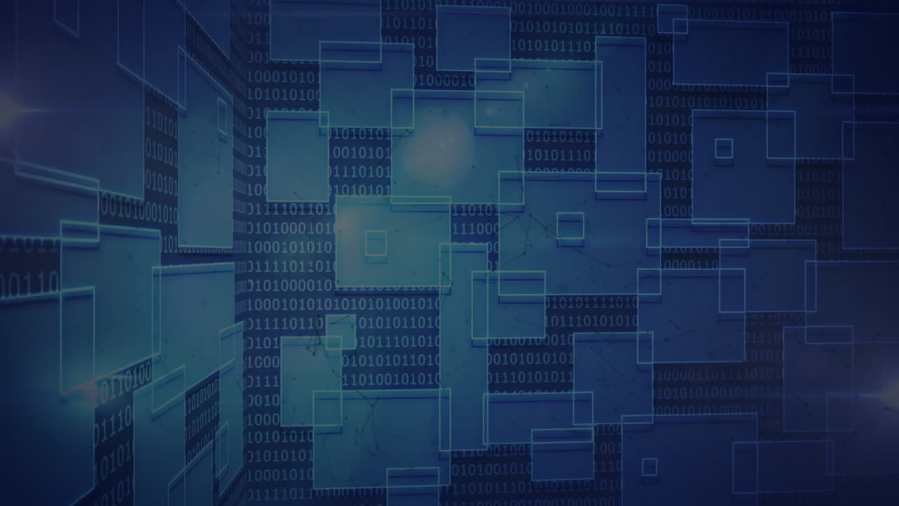 Digital data processing with binary code and geometric shapes in animation