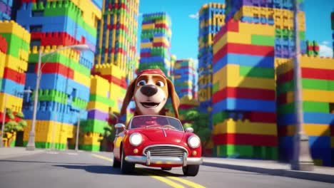 a cheerful cartoon dog drives through a vibrant city made entirely of colorful building blocks, showcasing a playful and imaginative environment filled with creativity and fun