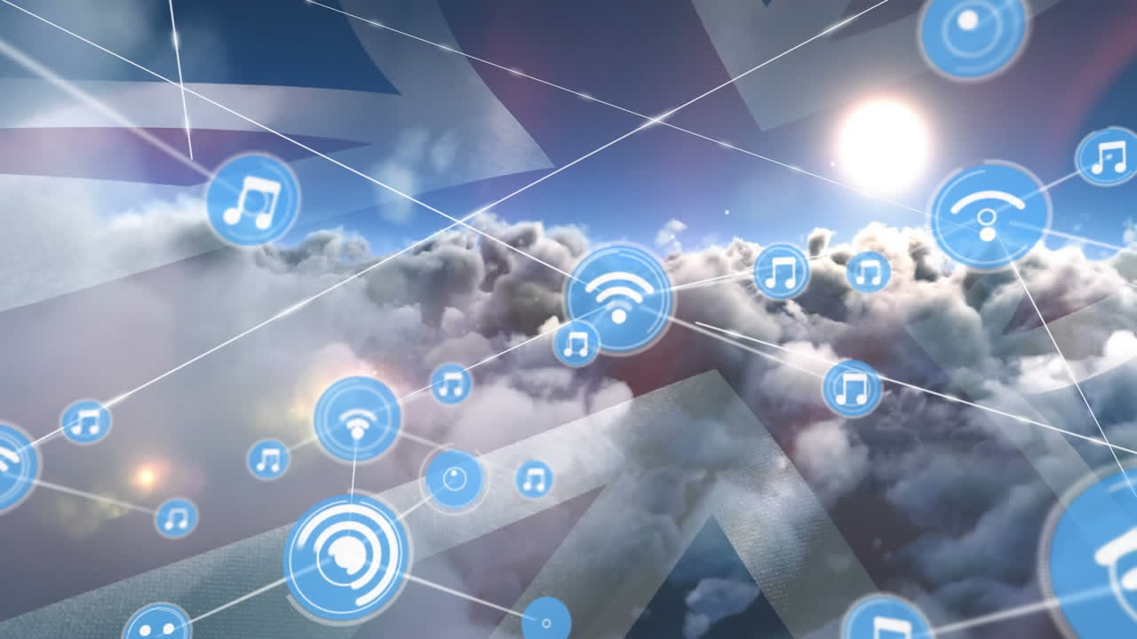 영국  ⁇ 발과 구름 위에 와이파이를 가진 아이콘의 연결 네트워크의 애니메이션