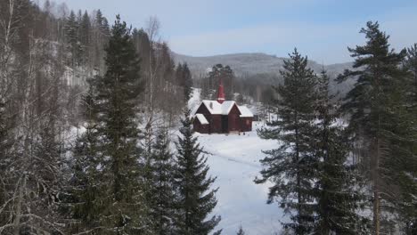 Closing-up-drone-footage-of-Rollag-stave-church-in-Norway