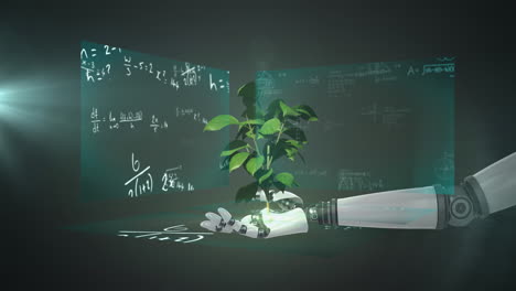 animation of plant over robot's arm and data processing on screens