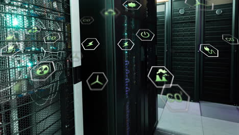 animation of eco icons and data processing over computer servers