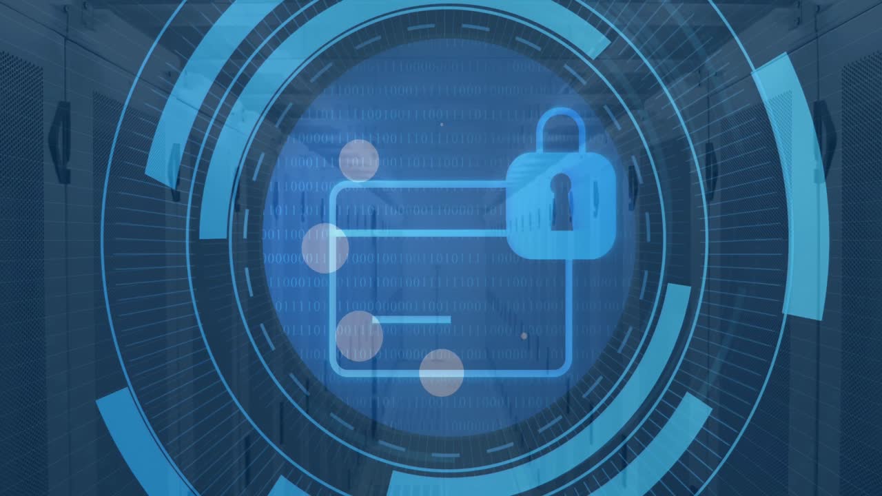 Animation of security padlock icon on round scanner and light trail against computer server room