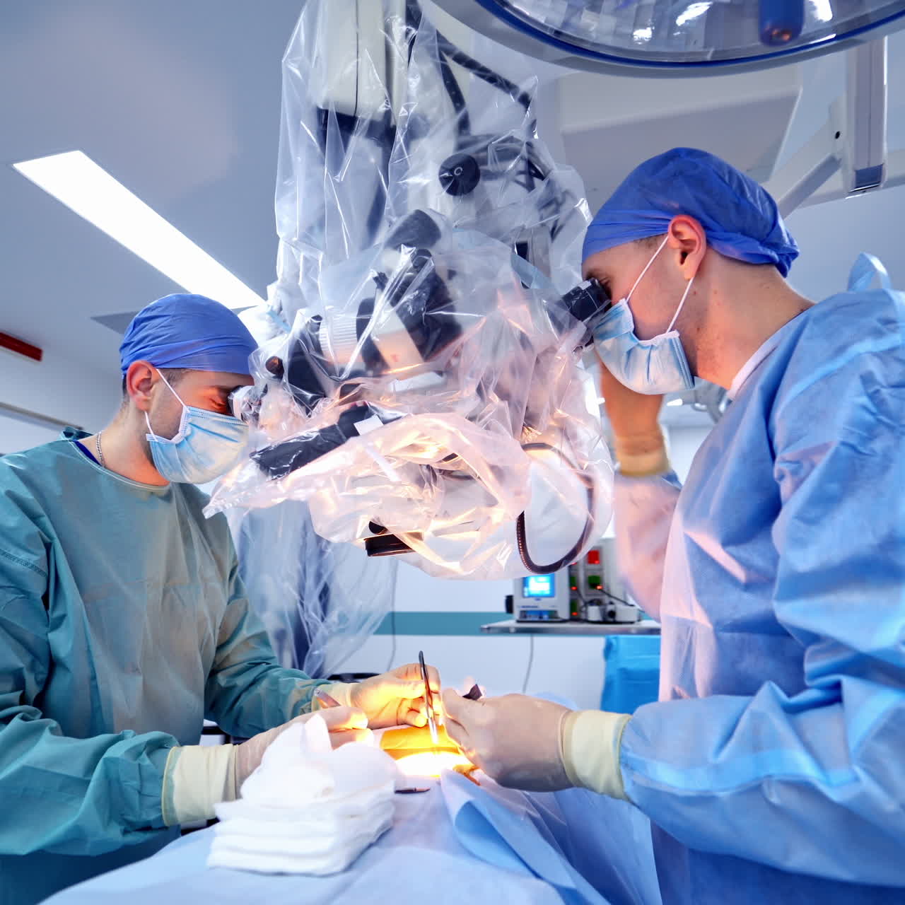 Teamwork of surgeons using microscope. Medical specialists perform an operation through modern equipment to a patient in operating room.