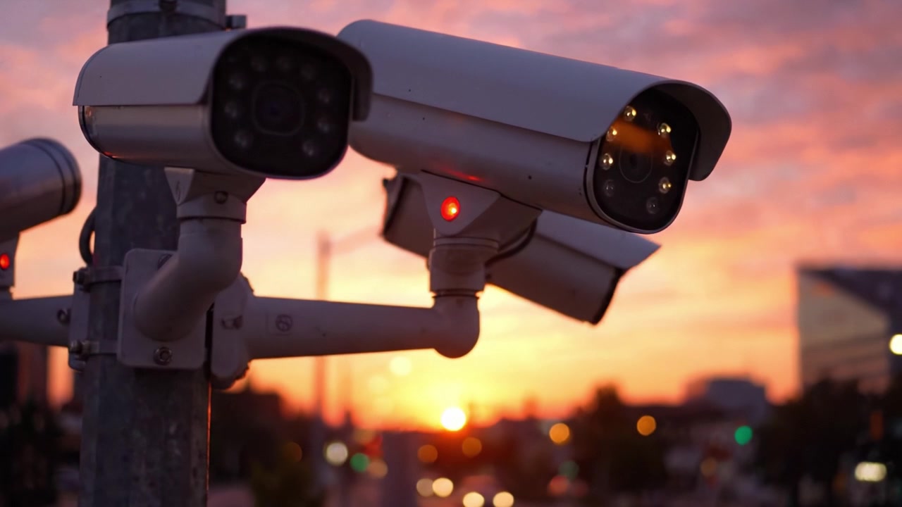 Surveillance Cameras Capturing Sunset in Urban Setting, Highlighting the Intersection of Technology and Modern Life with a Beautiful Twilight Sky