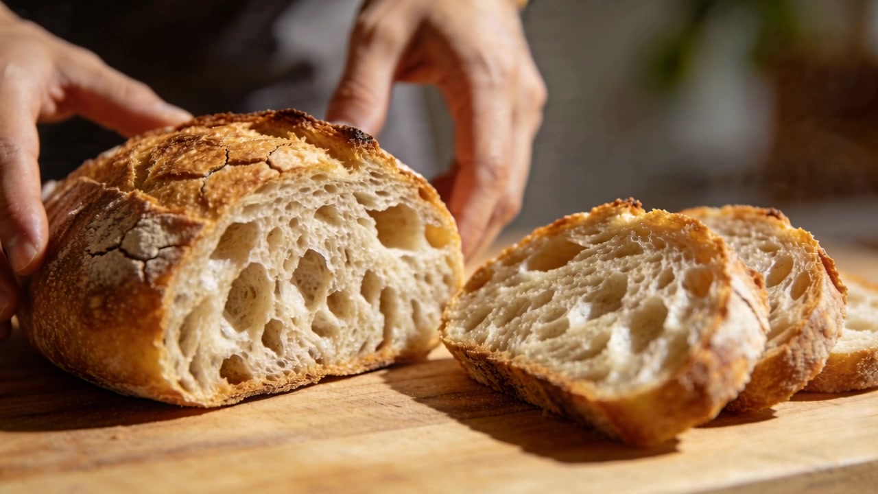 Mani adulte che posizionano una pagnotta rustica su un tagliere, sollevando una fetta per mostrare la mollica.