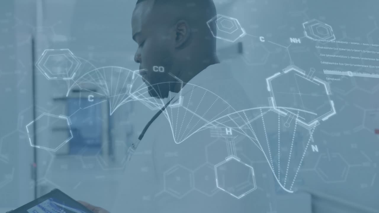 animación de cadena de adn y procesamiento de datos médicos sobre médico afroamericano