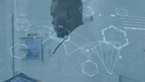 animation of dna strand and medical data processing over african american male doctor