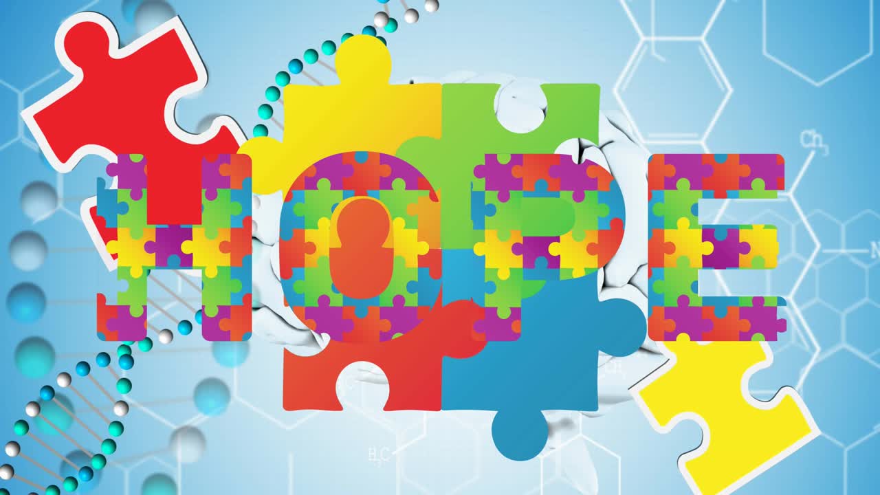 자폐증의 애니메이션 다채로운 퍼즐 조각들이 희망 텍스트, dna  ⁇ 과 인간의 뇌를 형성합니다.