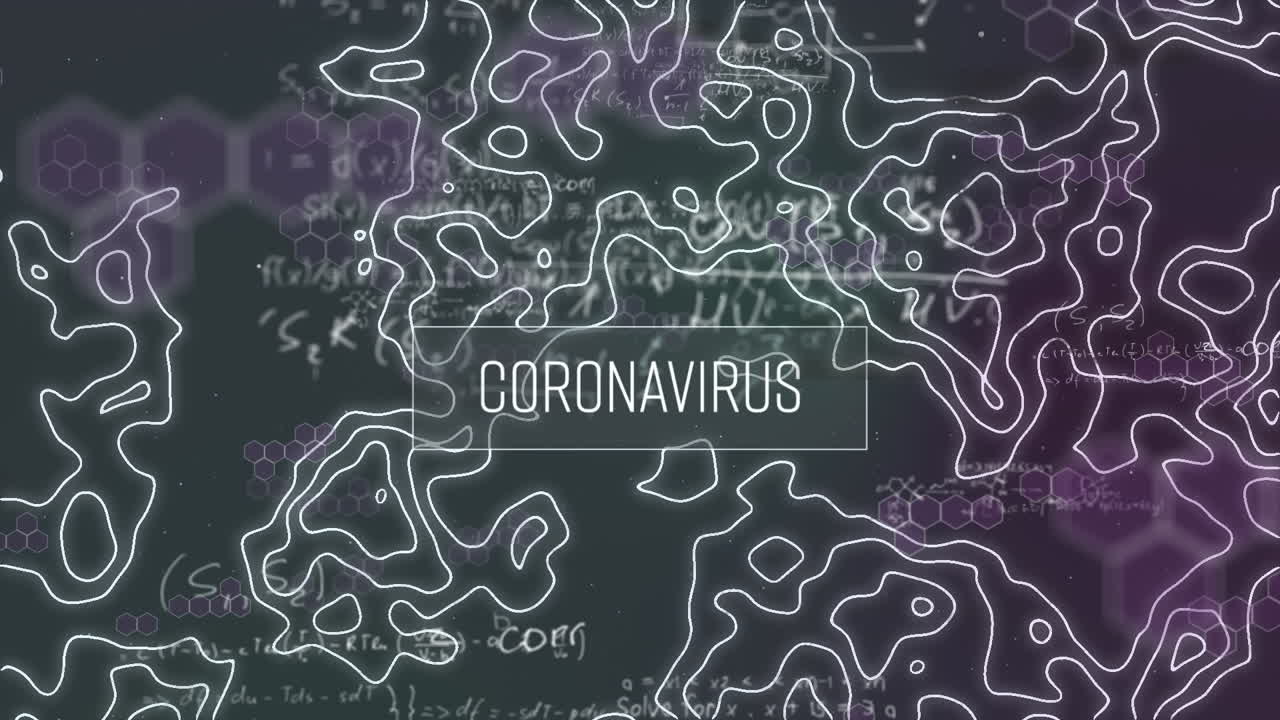 animación de coronavirus e isohypses sobre el procesamiento de datos en fondo negro
