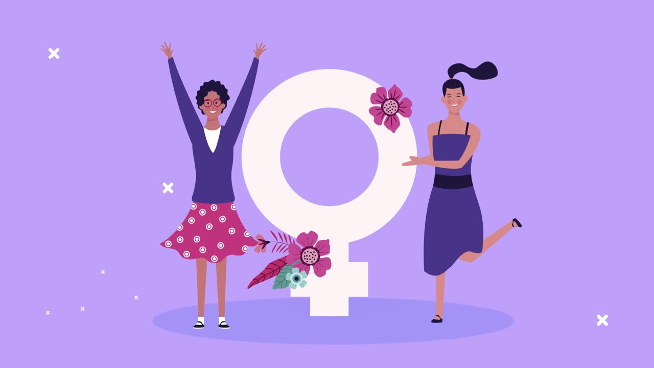 여자 커플과 여성 성 기호와 함께 행복한 여성의 날 카드